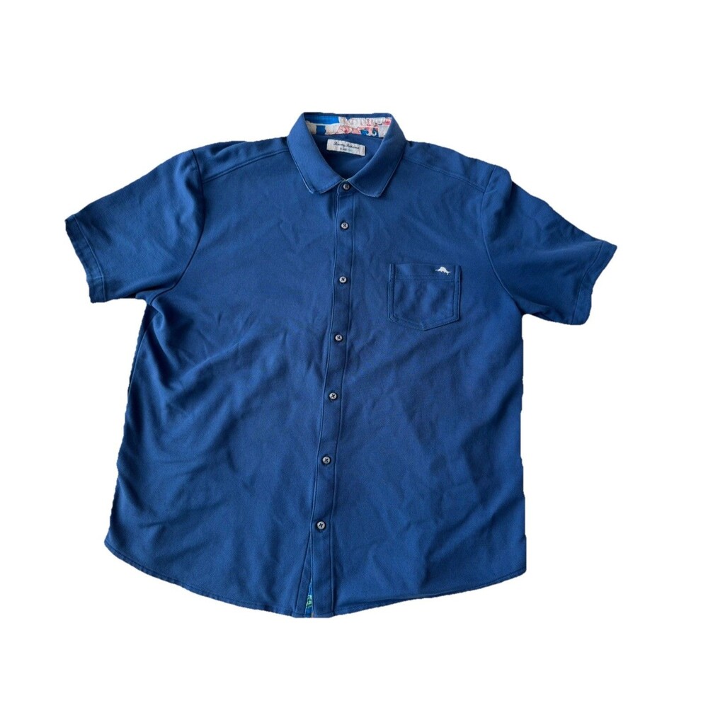 Tommy Bahama Blue Emfielder Island Zone Knit Camp Shirt Mens XL Supima Short Slv